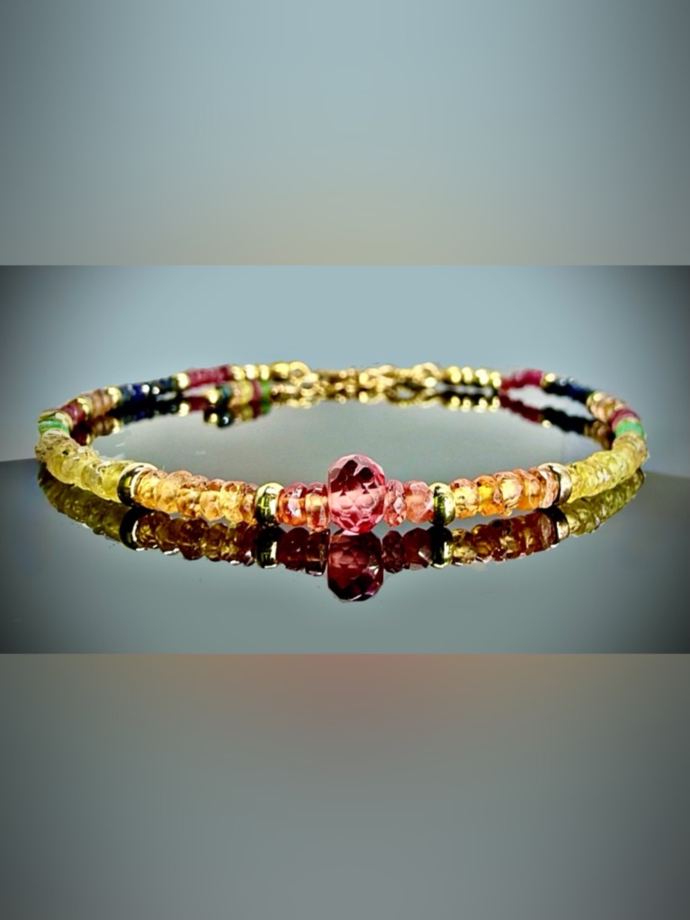 “RARE “ Multi-Colored Sapphire, Padparadscha Focal Bracelet in 14kt Gold Vermeil - Picture 11 of 11